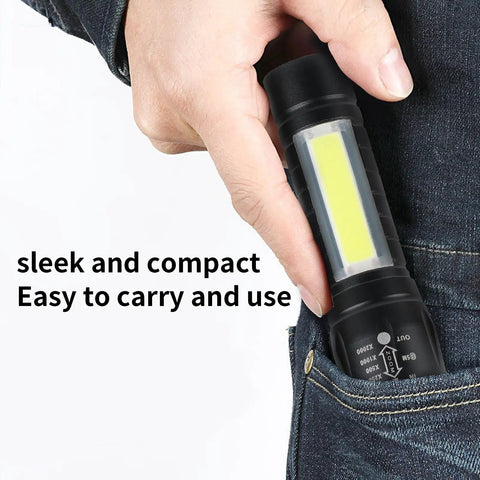 Hand holding 5 Pack Mini Pocket LED Flashlights USB C Rechargeable High Lumens EDC Torch with COB side light in pocket