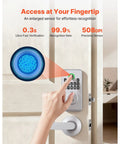 Secure Your Front Door With This Slick Silver Touch Fingerprint Deadbolt Keyless Entry Lock featuring a hand pressing the fingerprint sensor.