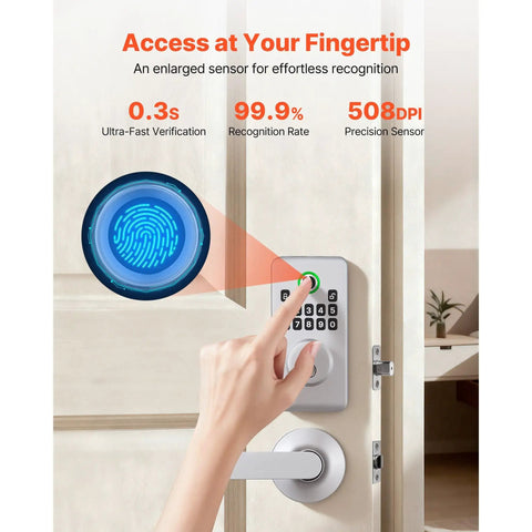 Silver Fingerprint Deadbolt Keyless Entry Door Lock With Hella Secure Biometric Access showing finger on touchpad for unlocking.
