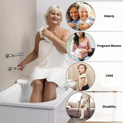 Elderly woman using 12 Inch No Slip Shower Grab Bar Handle Stainless Steel Chrome Finish Knurled Bathroom Safety Hand Rail Support For Seniors Handicap Elderly Injury Prevention Easy Secure Install in bathroom.