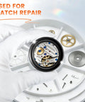 Person using Five Piece Jewelers Loupe Set With 5X 10X 15X 20X 30X 36mm Glass Lenses for watch repair, focusing on gears.