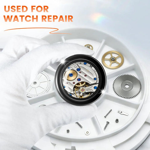 Person using Five Piece Jewelers Loupe Set With 5X 10X 15X 20X 30X 36mm Glass Lenses for watch repair, focusing on gears.