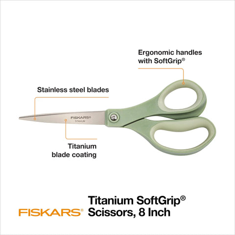 Eight Inch Comfort Grip Titanium Multipurpose Scissors With Ergonomic Handles For Everyday Cutting Tasks Perfect For Home Office DIY Projects Multicolor 3 Pack, showing green ergonomic handles and titanium-coated blades.