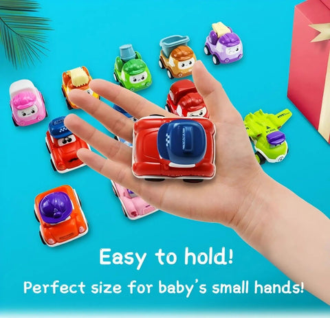 Hand holding red car from Safe Pull Back Cars Toy Set For Toddlers Ages 1 2 3 12 Construction Vehicle Cars Play Pack Educational Baby Toys
