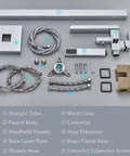 Floor Mount Waterfall Tub Filler Faucet Chrome Finish With Hand Shower parts layout showing faucet body and accessories.