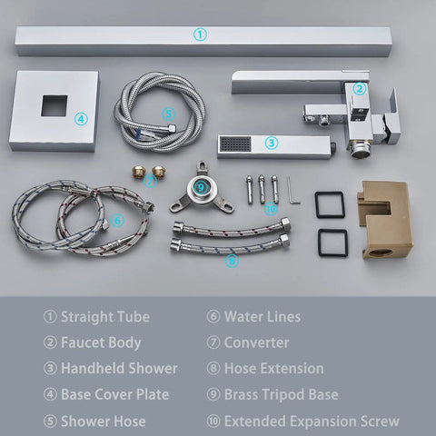 Floor Mount Waterfall Tub Filler Faucet Chrome Finish With Hand Shower parts layout showing faucet body and accessories.