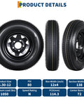 2-Pack 5.30-12 Trailer Tires With 12 Inch Rims, 5 Lug On 4.5 Inch Bolt Pattern, 6 Ply Load Range C Heavy Duty for Trailers