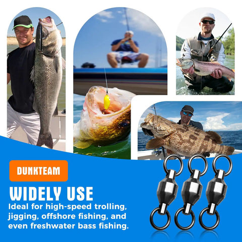 20 Piece Pro Grade High Strength Fishing Swivels With Ball Bearings, Stainless Steel Connectors For Freshwater And Saltwater, Built Tough Copper And Steel Construction, Weatherproof, Rust Resistant Tackle For Anglers, shown with fish catches