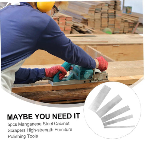 Person using Heavy Duty Five Piece Manganese Steel Woodworking Scraper Kit for cabinet polishing with curved blades.