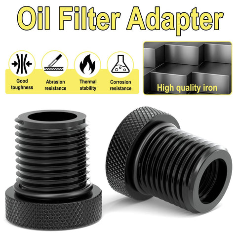 Two black metal thread adapters for 1/2-28 to 3/4-16 with rubber washers, knurled ends for automotive use