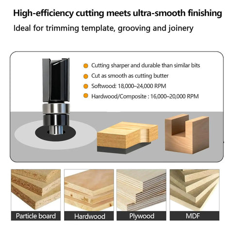 9 Piece Pattern Flush Trim Router Bit Set With 1/4 Inch Shank And Carbide Tips for wood trimming, template work