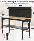 Flat Out Heavy Duty 60 Inch Workbench And Adjustable Height Stand 3000 Lbs Capacity Steel Frame Rubberwood Top Pegboard with LED light and storage.