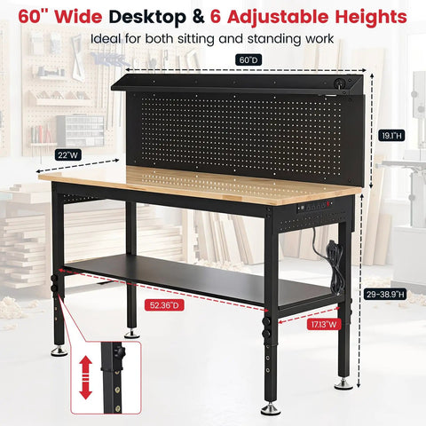 Flat Out Heavy Duty 60 Inch Workbench And Adjustable Height Stand 3000 Lbs Capacity Steel Frame Rubberwood Top Pegboard with LED light and storage.