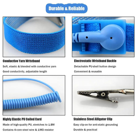 Close-up of ESD Safe Go-To Wrist Strap For PC And Electronics Repair With Adjustable Wristband And Alligator Clip and Coiled Cable