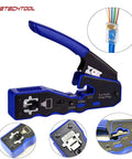 Compact Pass Through Ethernet Crimp Tool Kit With Wire Cutter And Stripper shown with RJ45 connector close-up and features
