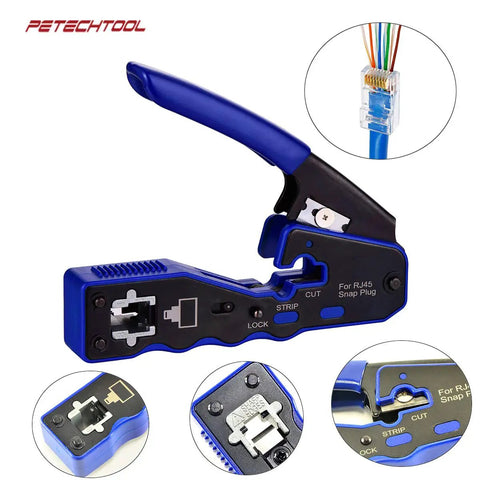 Compact Pass Through Ethernet Crimp Tool Kit With Wire Cutter And Stripper shown with RJ45 connector close-up and features