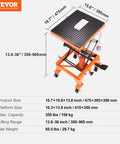 Hydraulic Motorcycle Lift Table With Wide Deck 350 Lbs Capacity Foot Operated Jack For Dirt Bikes And ATVs J Hooks 4 Wheels Heavy Duty Scissor Jack Stand No Fuss Easy Lifting with product dimensions and specifications displayed.