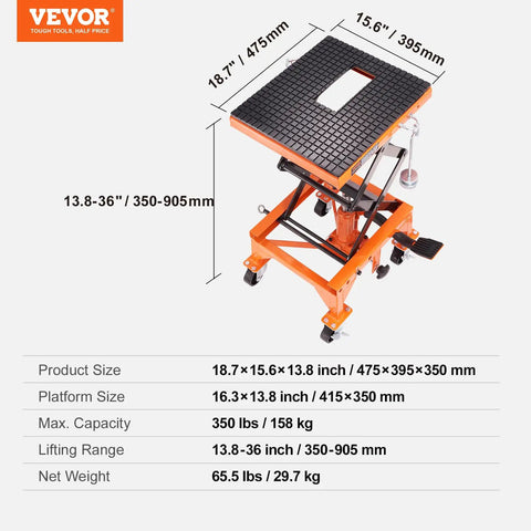 Hydraulic Motorcycle Lift Table With Wide Deck 350 Lbs Capacity Foot Operated Jack For Dirt Bikes And ATVs J Hooks 4 Wheels Heavy Duty Scissor Jack Stand No Fuss Easy Lifting with product dimensions and specifications displayed.