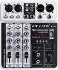 Top view of 4 Channel DJ Mixer With Bluetooth And USB MP3 Input 48V Phantom Power For Karaoke Podcasts Live Streaming And Home Recording Boss Studio Grade Sound For Guitar Bass And Keyboard, showing controls and inputs.