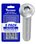 Hella Durable 1/2-13 X 1-1/2 Button Head Socket Cap Screws Crafted From Premium 18-8 Stainless Steel For Knockout Rust Prevention And Heavy Duty Garage Assembly Projects 5 Pack in packaging.