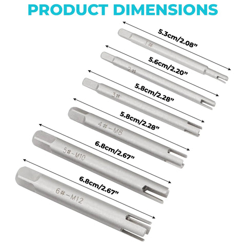 Dimensions of the Six Piece Tap Extractor Set For Stripped Screws And Bolts, High Speed Steel Three Quarter Inch Flute Remover Tool
