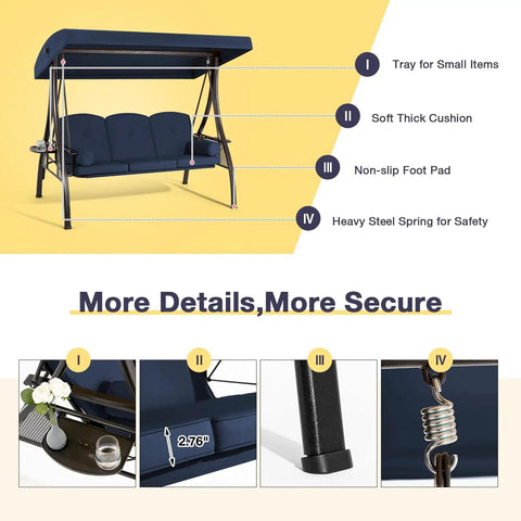 Three Seat Outdoor Porch Swing With Upgraded One And A Half Inch Cup Holder Comfy Adjustable Canopy And Backrest Cushions Weatherproof Steel Frame For Garden Deck Or Poolside Blue with features details