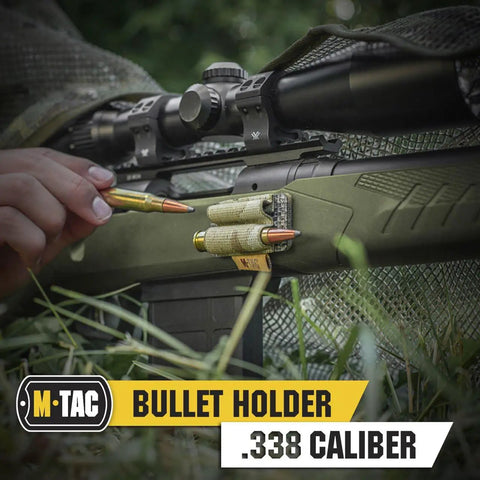 Two Round Rifle Bullet Holder For 338 Caliber With Hook And Loop Strap Buttstock Shell Carrier on rifle