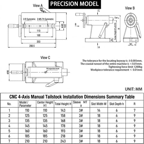 Technical drawing of Tailstock MT3 Pro Grade 50mm Travel For CNC Machining Mold And Medical Part Production with dimensions.