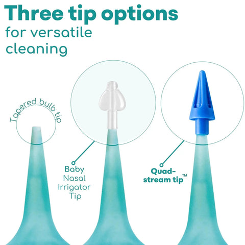 Three tip options of Quad Stream Ear Syringe Kit for Gentle Ear Wax Removal with 75 ml bulb, featuring quad-stream tip.