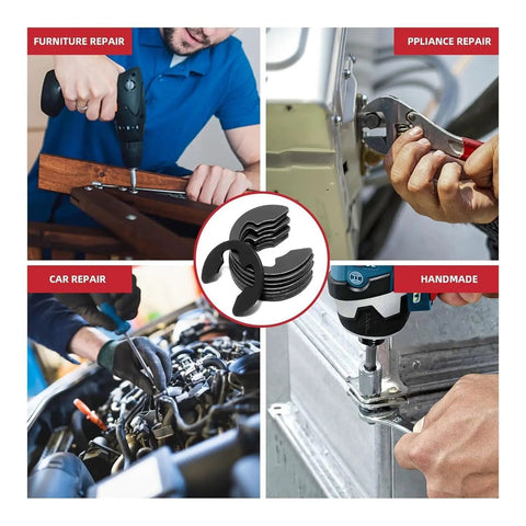Top Tier Forty Five Five Pcs High Carbon Steel E Type External Retaining Rings Set With 14 Different Shaft Sizes For Heavy Duty Mechanical Repair and Hardware Accessories That Stay Locked Tight displayed in various repair settings.
