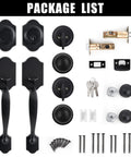 Double Door Lock Set With Dummy Handle And Single Cylinder Deadbolt, Matte Black Finish, showing components and installation screws