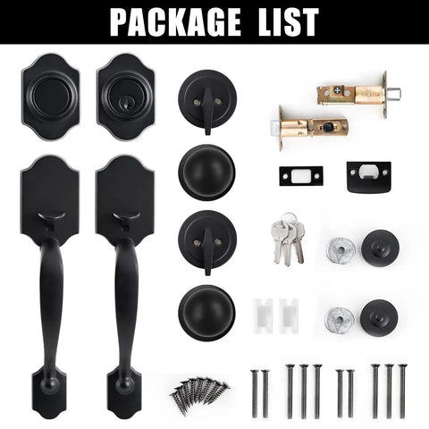 Double Door Lock Set With Dummy Handle And Single Cylinder Deadbolt, Matte Black Finish, showing components and installation screws