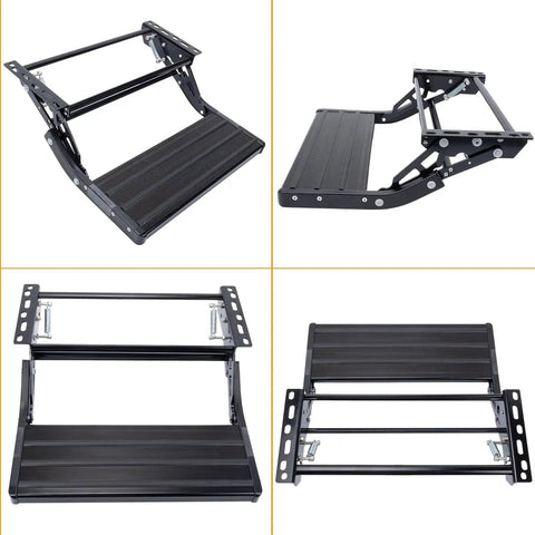 One Step Manual Foldable Step For Campers And Trailers, 1 Step Aluminum Alloy Retractable Stair With Thickened Steel Plate, Non Slip Surface, 440 Lbs Load Capacity, Black, Beefy Built For Campers And Travel Trailers, folded and open views