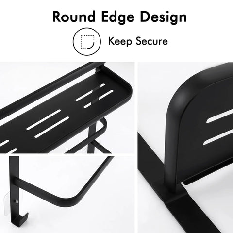 Close-up details of Over the Door Towel Rack for Bathroom Three Tier Behind Door with Hook Matte Black No Fuss Organizer.