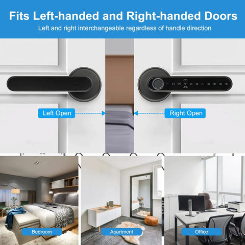 Five In One Keyless Smart Door Lock With App Code Fingerprint Key Card And Handle, shown on left and right-handed doors in various rooms