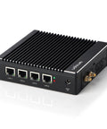 No Fuss Fanless Firewall Mini Pc Packed With Intel J3710 Chips And Four Rock Solid Gigabit Lan Ports MSATA SSD Slot And AES NI Encryption Built Right For Network Gateway, compact black design with heat sink.