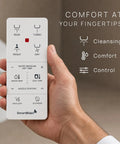 Slick Smart Bidet Toilet Seat With Heated Seat And Warm Water Spray Plus Air Dryer Remote Control, hand holding remote control