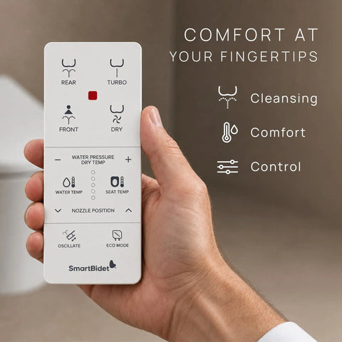 Slick Smart Bidet Toilet Seat With Heated Seat And Warm Water Spray Plus Air Dryer Remote Control, hand holding remote control