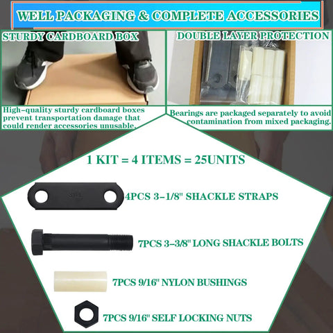 Heavy Duty Trailer Shackle Kit For Double Eye Leaf Spring, Four Three And One Eighth Inch Shackle Straps, Seven Nylon Bushings