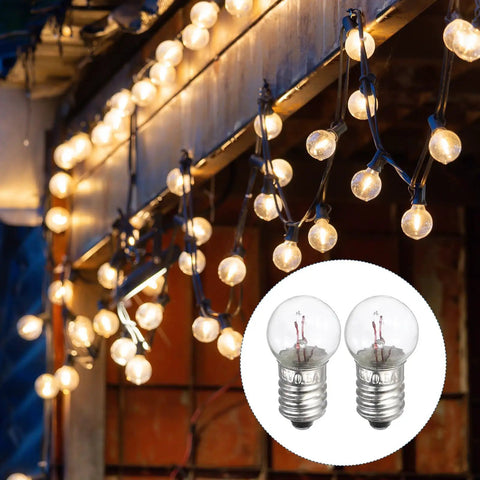 18 Pack E10 Miniature Screw Base Light Bulbs Delivering Hella Bright Warm Yellow Glow 4.8 Volt 2.4 Watt displayed in string lights.