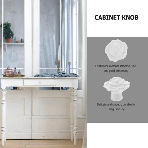 White Ceramic Rose Flower Cabinet Pull Handles with Screws, 8 Pack for cabinets, alongside a stylish white console table.
