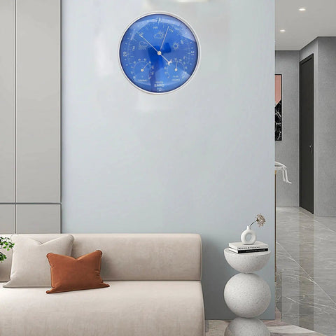 Wall-mounted All Season 3 In 1 Home Weather Station With Brass Barometer and Thermometer in living room setting.