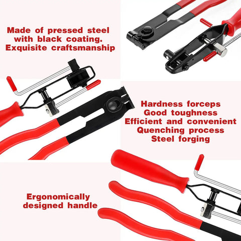 Universal CV Joint Boot Clamp Pliers Kit 22 Piece Set showing steel pliers with ergonomic red handles and craftsmanship features.