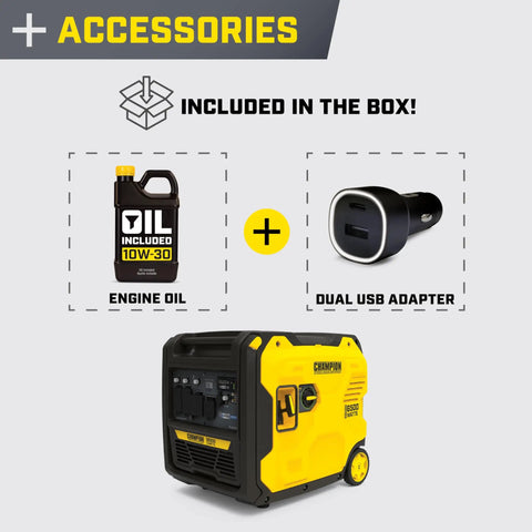 6500-Watt RV Ready Portable Inverter Generator With Quiet Technology and accessories including engine oil and USB adapter