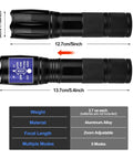 2-Pack Zoomable LED Flashlights with 5 Modes, aluminum alloy, dimensions labeled, focus on size and features, ideal for camping