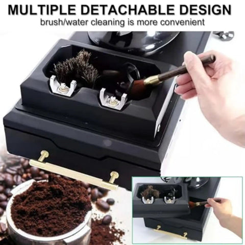 Killer Electric 150 Watt 58mm Coffee Puck Knock Box With Dual Brush Heads showing detachable cleaning brushes and espresso grounds.