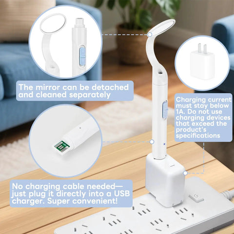 Go To Rechargeable LED Dental Mirror With USB Charging, Fog Free Surface, White And Yellow Dual Lighting, Detachable Design For Easy Cleaning, Compact And Portable For Home Or Clinic Use, Blue; white handheld mirror on USB charger
