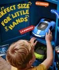 Child reaching for blue Gesture Sensing RC Car With 2.4GHz Remote And Wrist Control, 360 Degree Spins, on shelf with size labels
