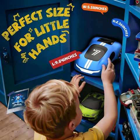 Child reaching for blue Gesture Sensing RC Car With 2.4GHz Remote And Wrist Control, 360 Degree Spins, on shelf with size labels