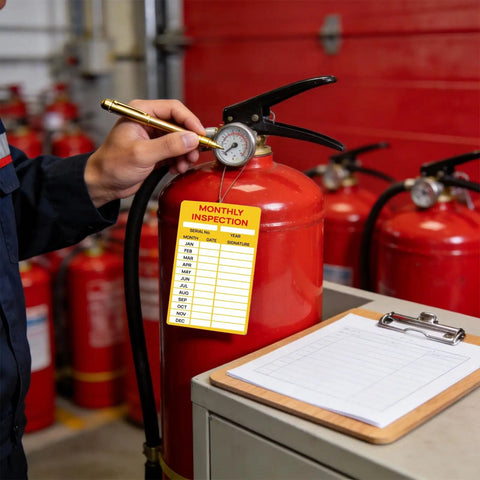 Technician checking fire extinguisher with 15 Pack Self Adhesive Monthly Inspection Stickers Waterproof 3 By 5 Inches Fire Extinguisher Maintenance Labels And Tags For Safety Records Quality Control And Compliance applied.